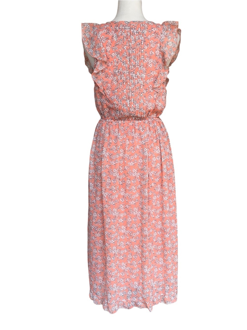 Abercrombie & Fitch Peach Floral Boho Elastic Tassel Tie Midi Dress Size ST New - Picture 2 of 5